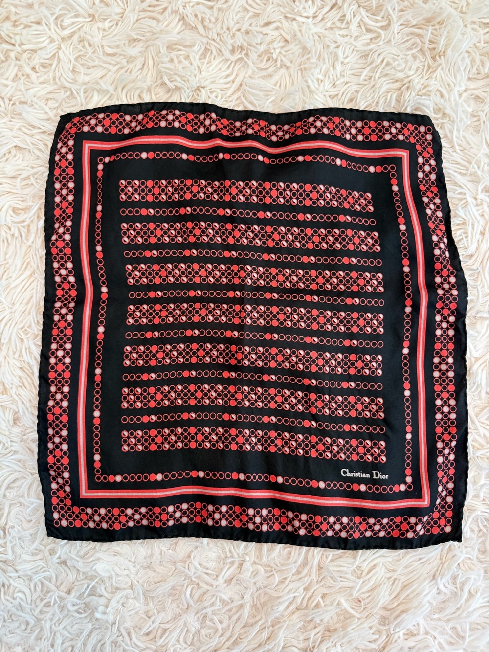 Christian Dior Vintage Red Black Polka Dot Silk Scarf 14x14 France